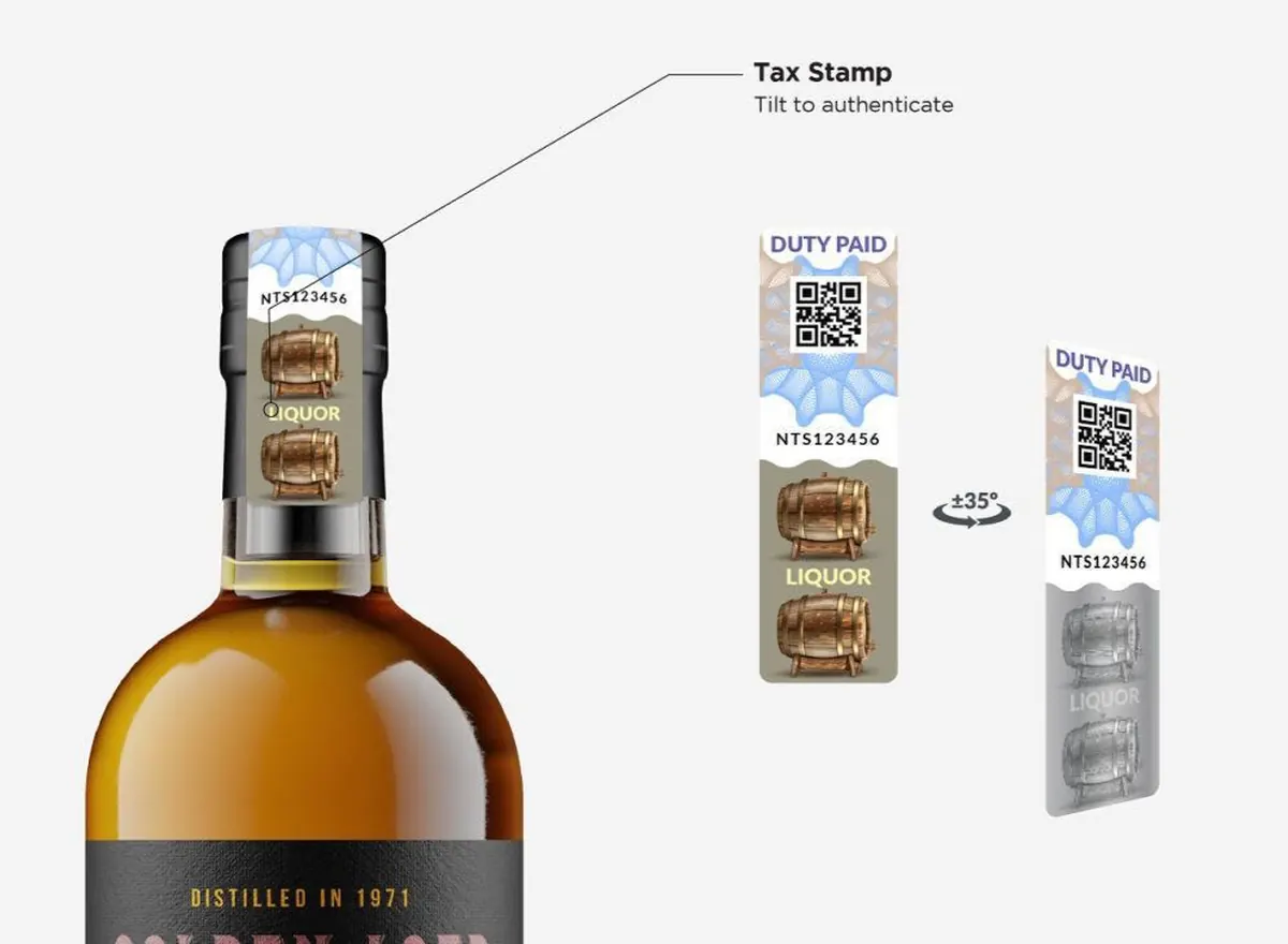 A spirits bottle with its excise stamp and authentication features called out